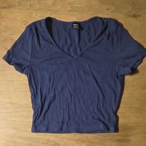 Navy Ribbed V-Neck Cropped Tee